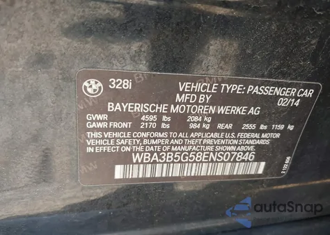 2014 BMW 328I xDrive z USA, uszkodzony, nr VIN WBA3B5G58ENS07846